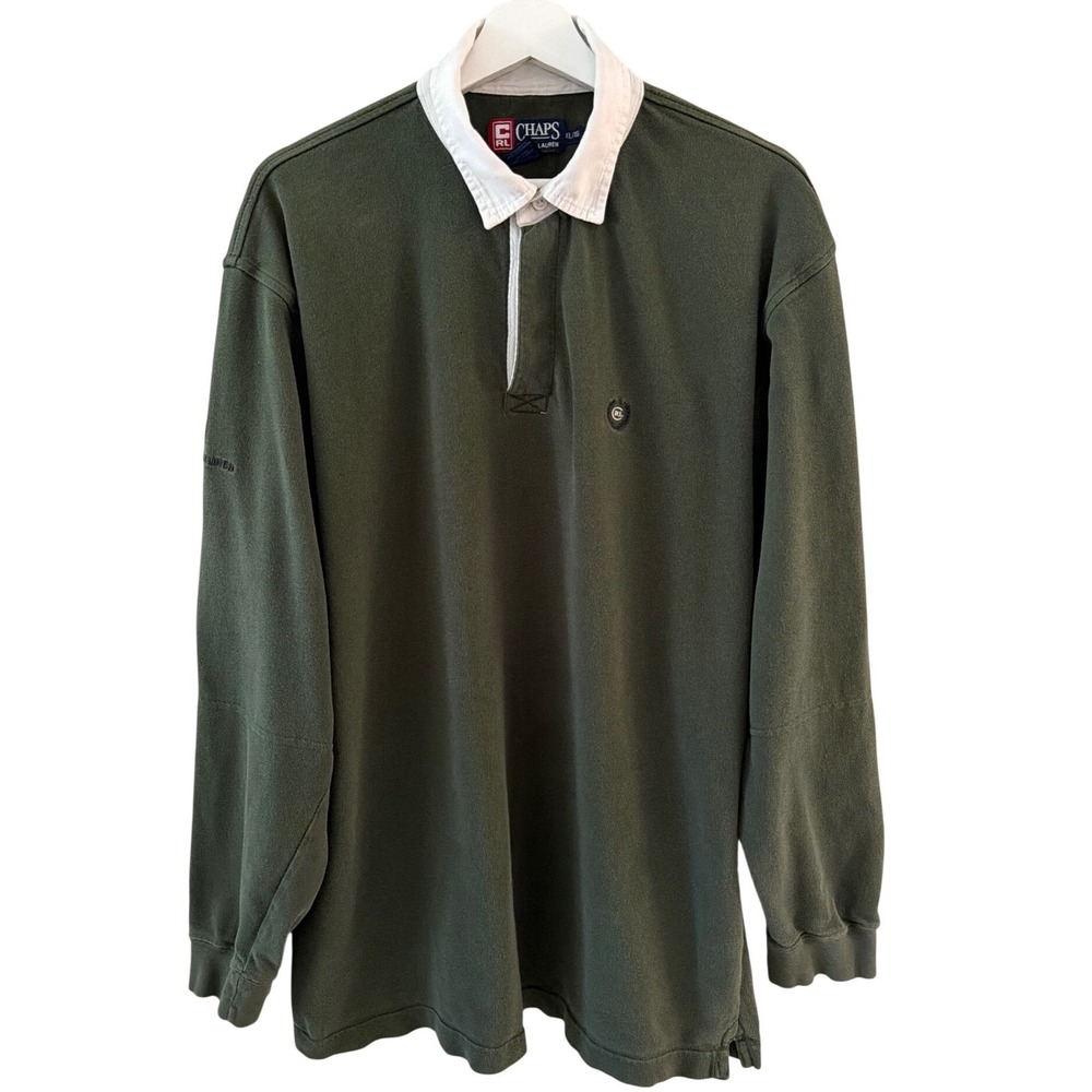 Chaps Ralph Lauren Mens XL Rugby Shirt Olive Green Vintage Long Sleeve 90s Flag